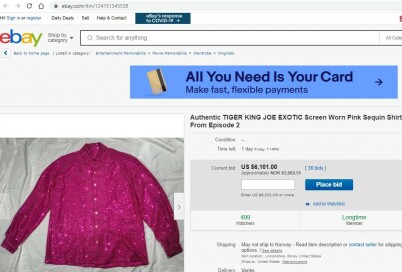 TIL SALGS: Joe Exotics glitrende paljettskjorte kan nå bli din. Faksimile: ebay.com TIL SALGS: Joe Exotics glitrende paljettskjorte kan nå bli din. Faksimile: ebay.com